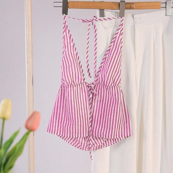 Pink white Casual Women's Striped Halter Tank Top Graphic Tees Tops - Picture 1 of 7
